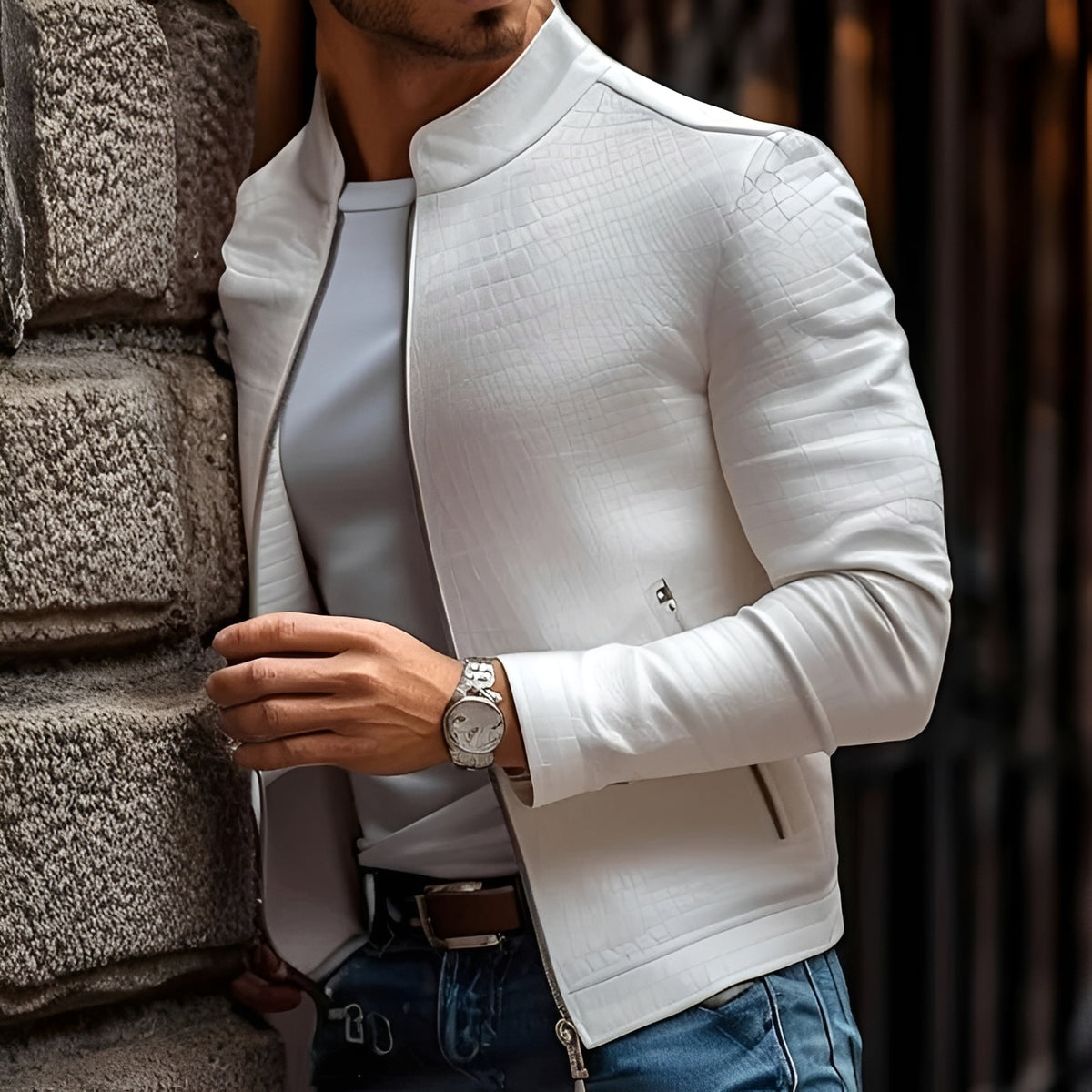 Męska kurtka z zamkiem błyskawicznym i stojącym kołnierzem - slim fit z fakturowanym wzorem