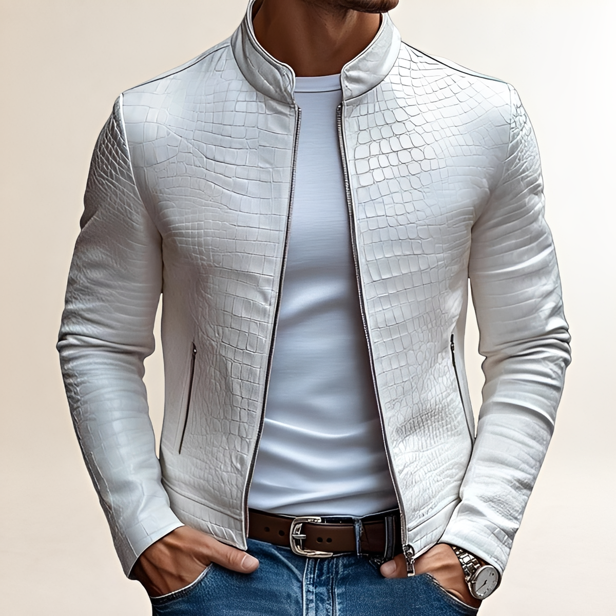 Męska kurtka z zamkiem błyskawicznym i stojącym kołnierzem - slim fit z fakturowanym wzorem