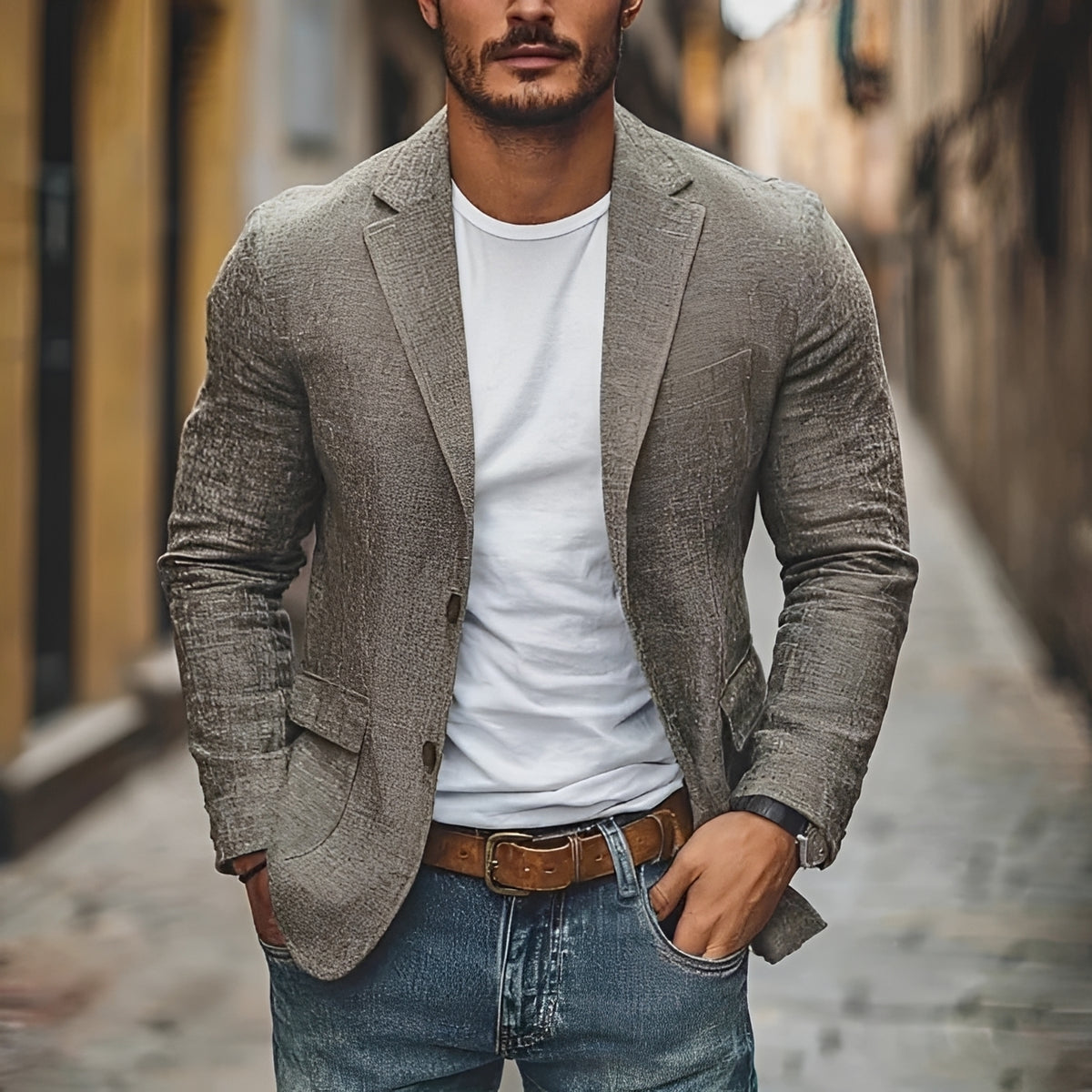 Męska marynarka casualowa z klapami i dwurzędowym zapięciem - slim fit