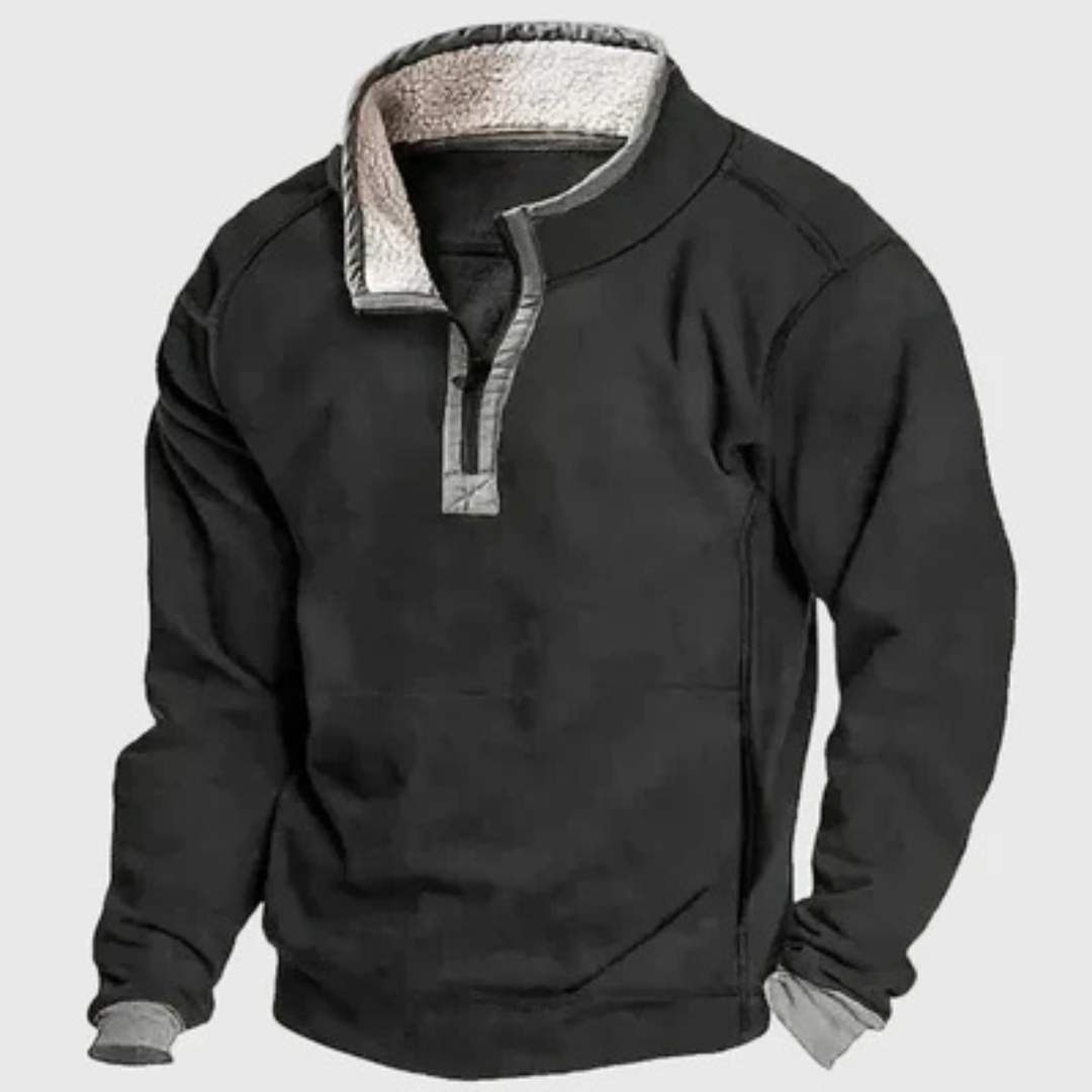 Męski sweter półgolf z krótkim suwakiem i kontrastowymi łapkami na łokciach - relaxed fit