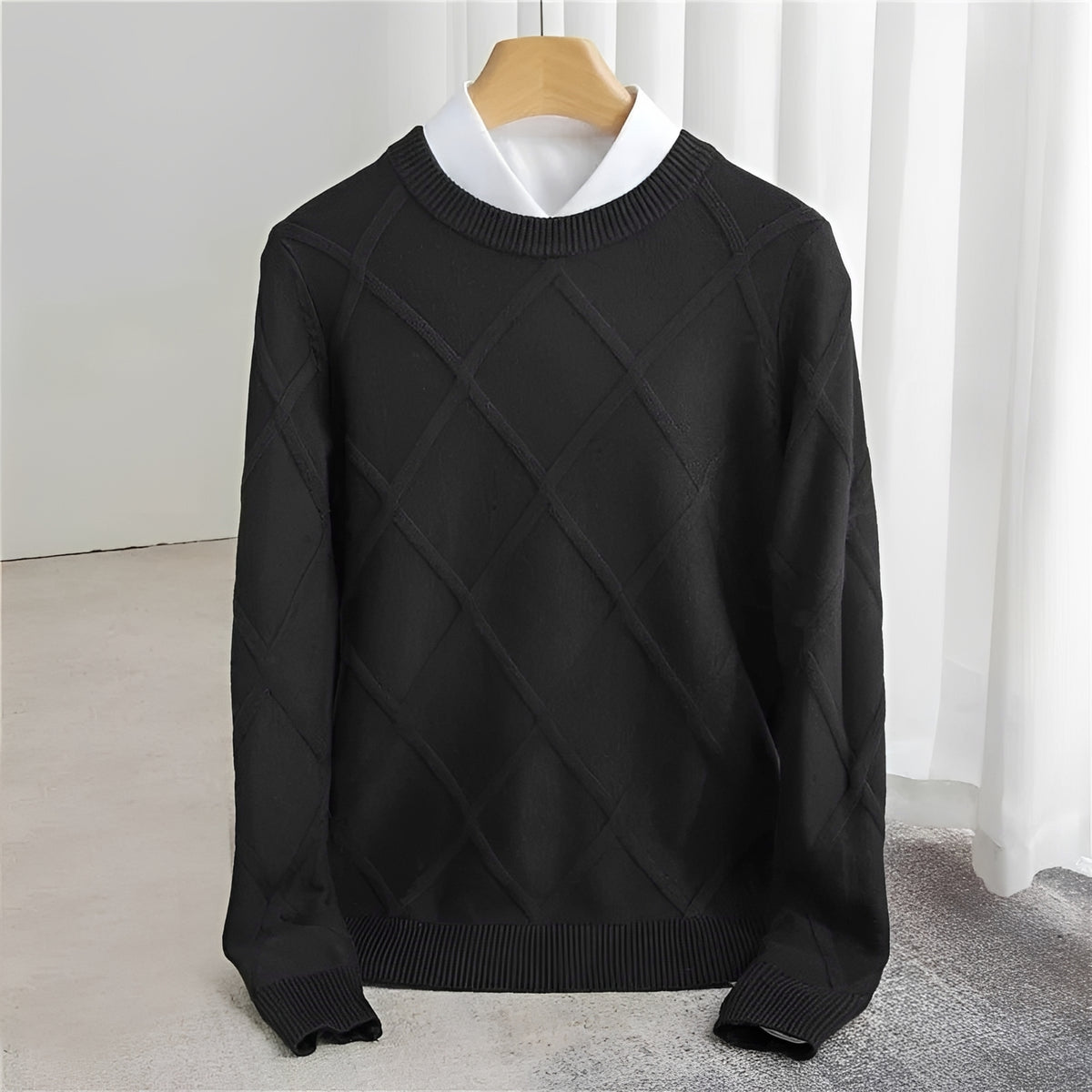 Męski sweter z dekoltem O, wzór argyle, ściągacze na rękawach, regularny krój