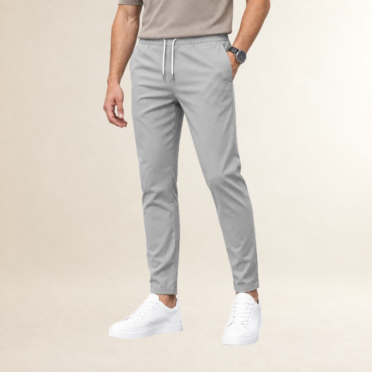 Męskie slim fit spodnie z regulowanym sznurkiem i zwężanymi nogawkami