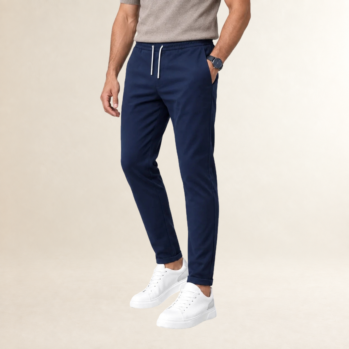 Męskie slim fit spodnie z regulowanym sznurkiem i zwężanymi nogawkami