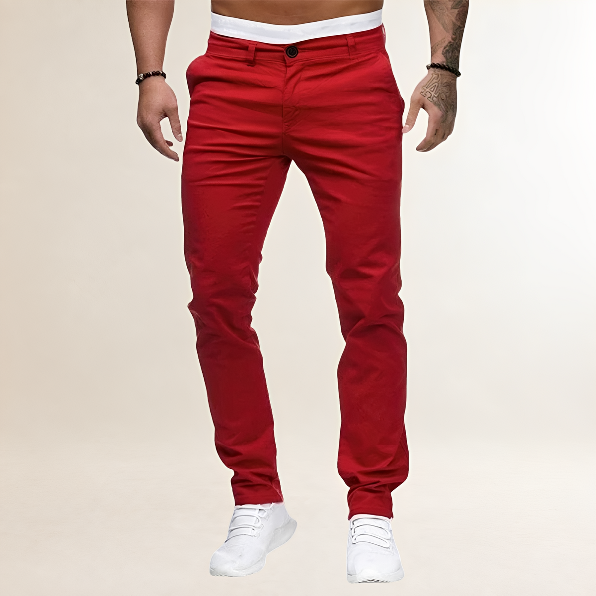 Męskie spodnie casualowe slim fit z zamkiem i skośnymi kieszeniami