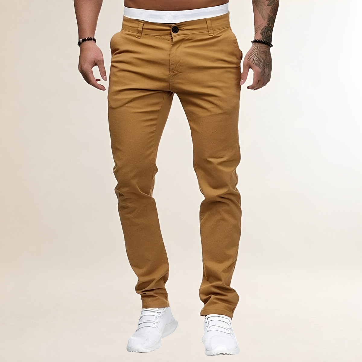 Męskie spodnie casualowe slim fit z zamkiem i skośnymi kieszeniami