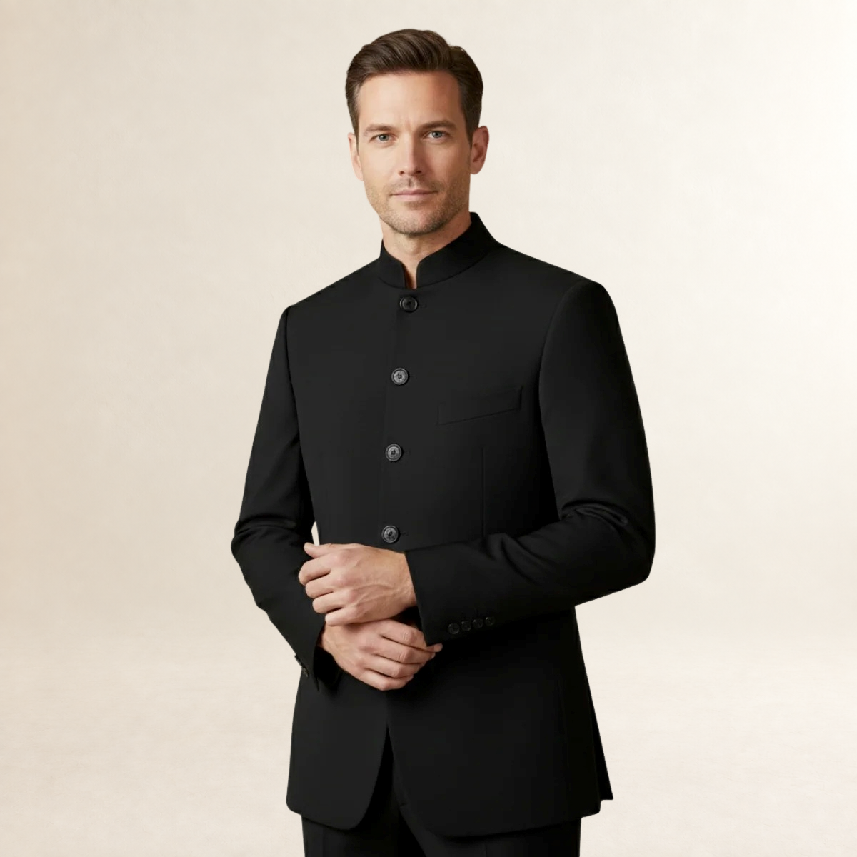 Marynarka męska z kołnierzem stójkowym - slim fit, jednorzędowa
