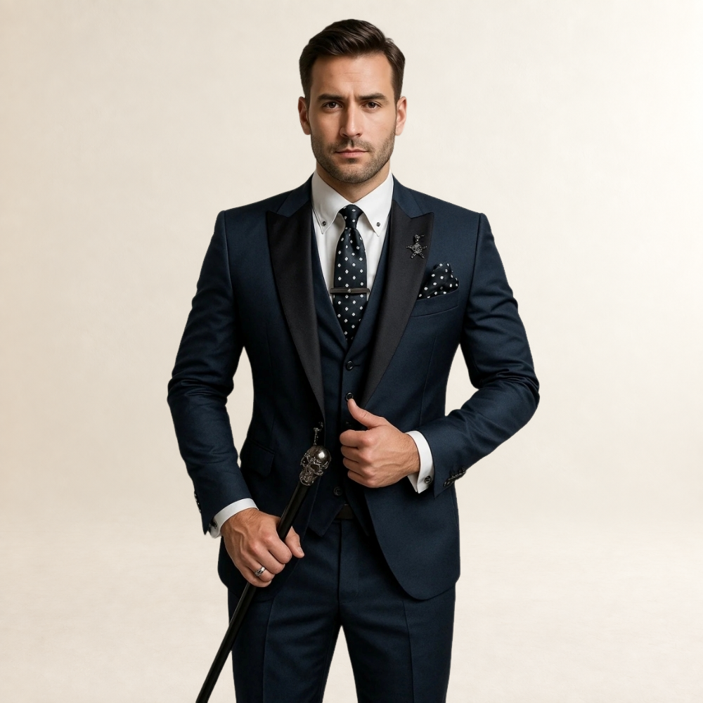 Marynarski garnitur męski trzyczęściowy slim fit z klapami szpiczastymi i kamizelką