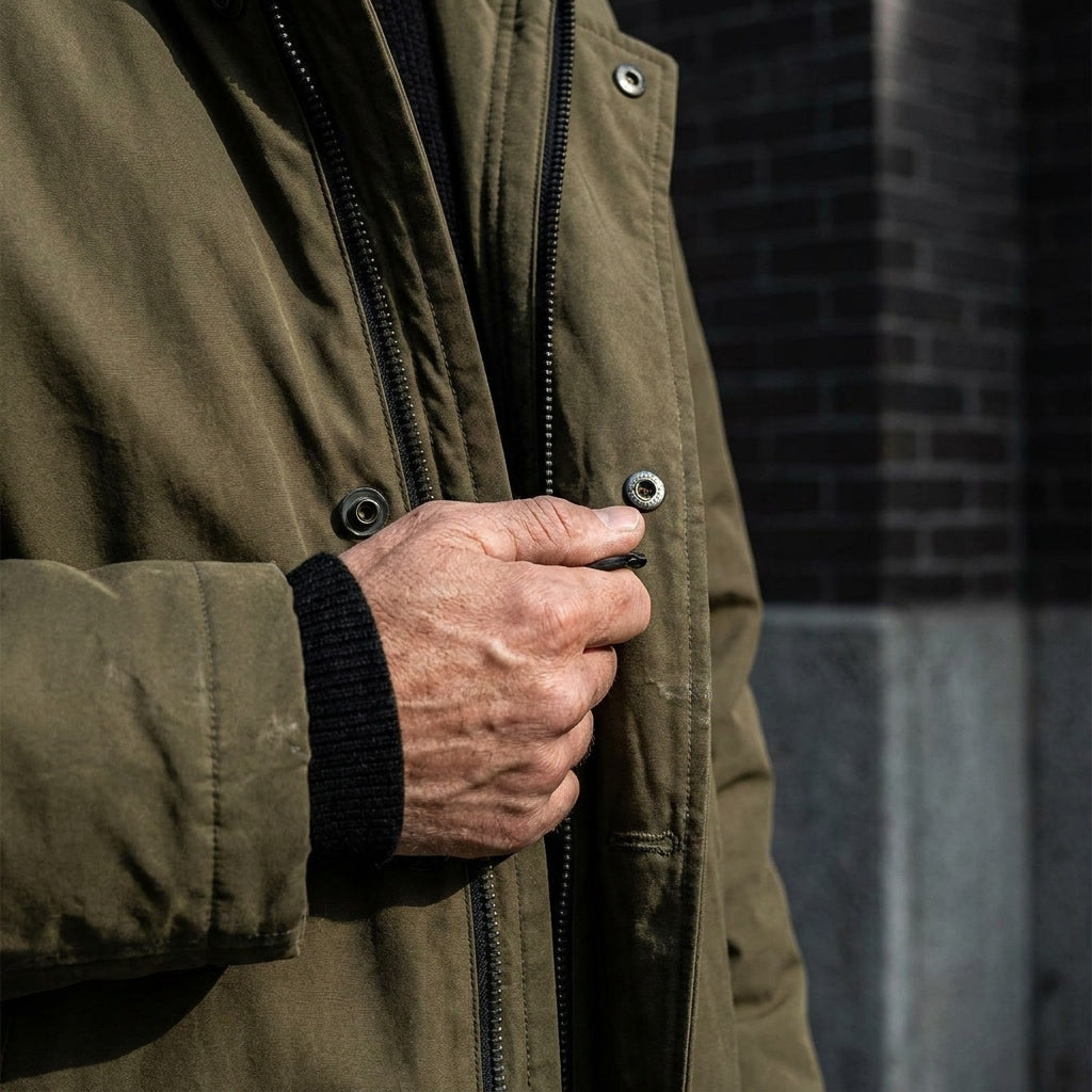 Płaszcz overcoat męski z kapturem, długi, dopasowany, z zamkiem na całej długości