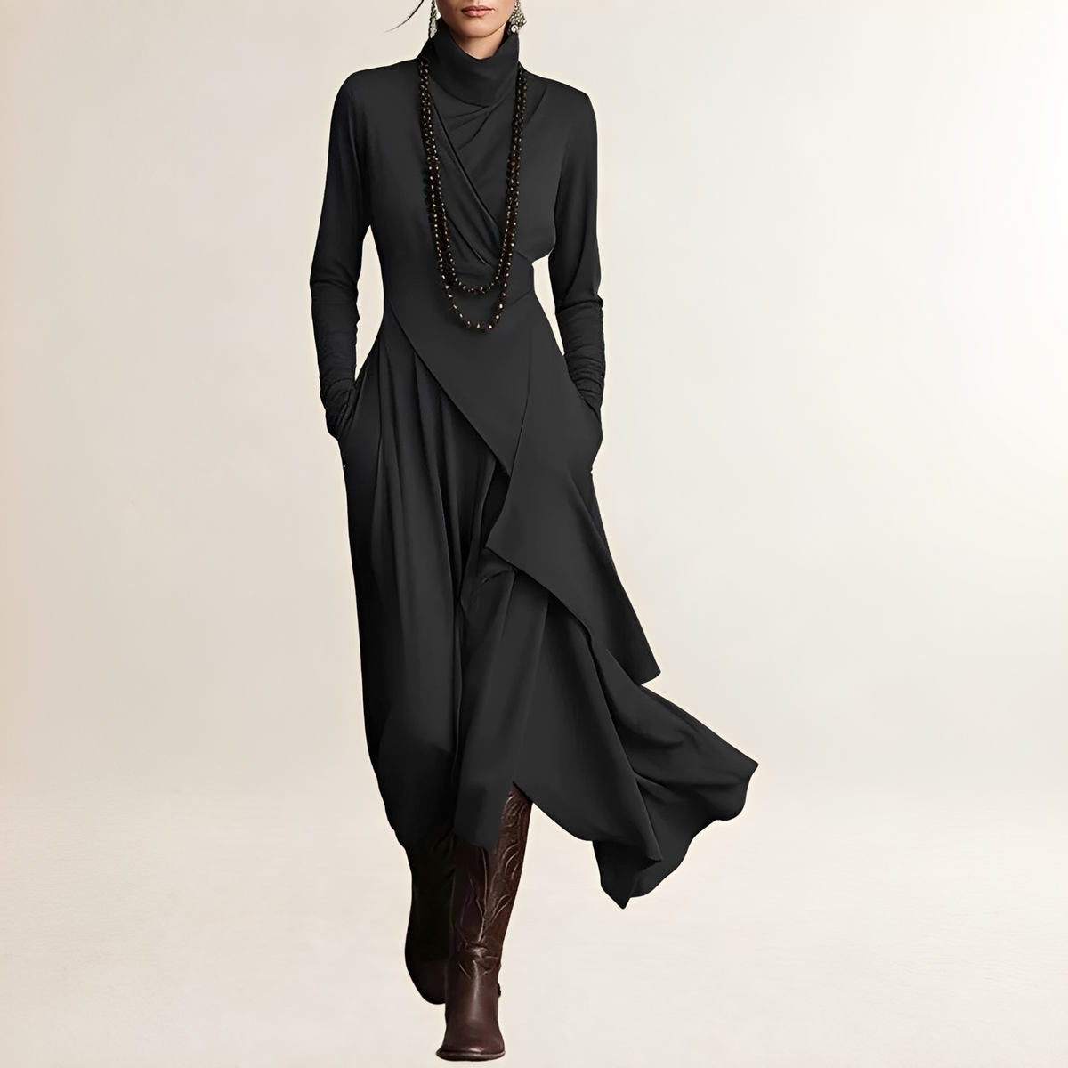 Sukienka maxi dla kobiet z golfowym kołnierzem, drapowana góra kopertowa, długie rękawy, asymetryczny dół z kieszeniami bocznymi
