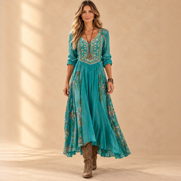 Sukienka midi damska z dekoltem V, długimi rękawami, boho patchwork kwiatowy, luźny krój