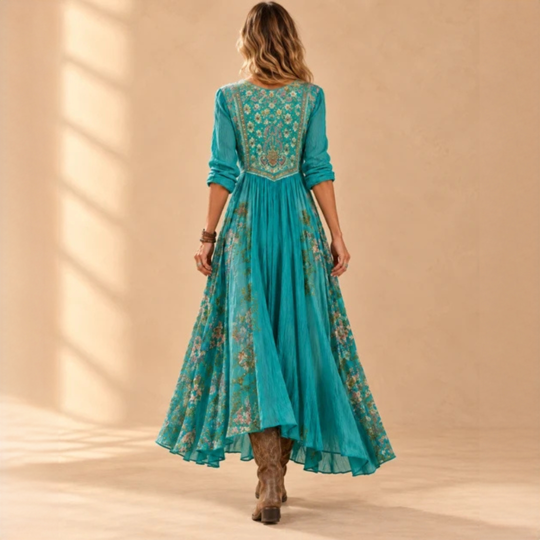Sukienka midi damska z dekoltem V, długimi rękawami, boho patchwork kwiatowy, luźny krój