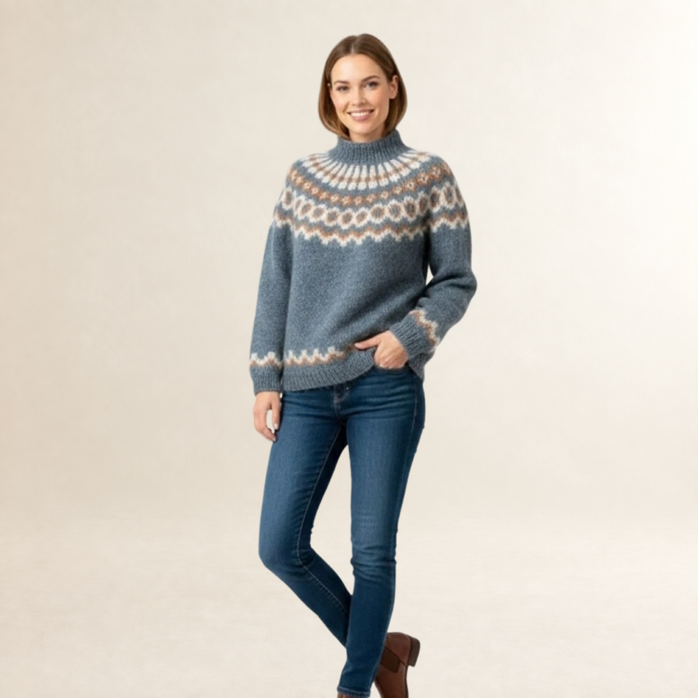 Sweter damski z nordyckim wzorem, wysokim kołnierzem, luźny krój