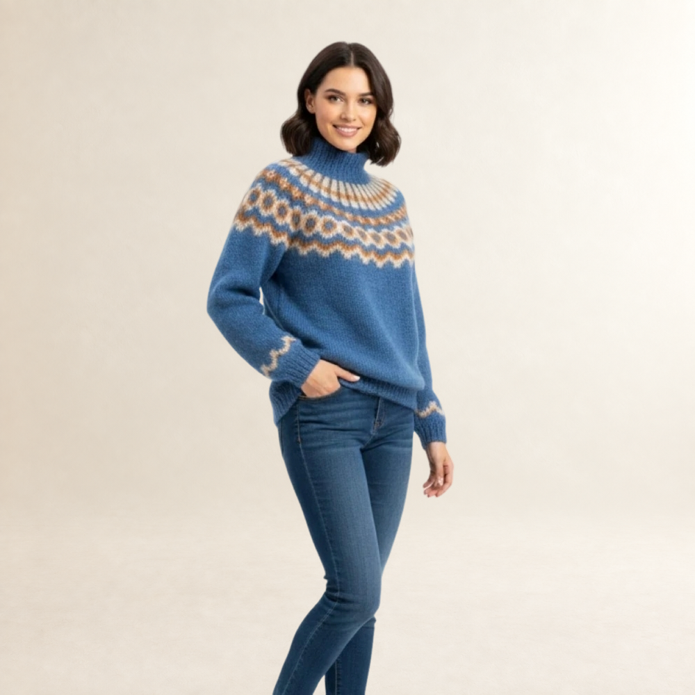 Sweter damski z nordyckim wzorem, wysokim kołnierzem, luźny krój