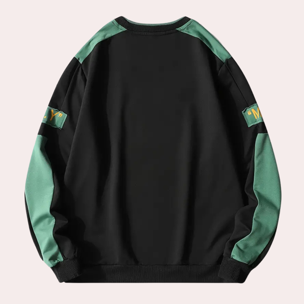 Sweter męski z długim rękawem i okrągłym dekoltem - nowoczesny design z logo