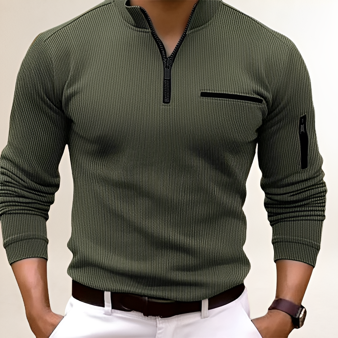 Sweter męski z zamkiem przy kołnierzu i kieszenią na piersi slim fit